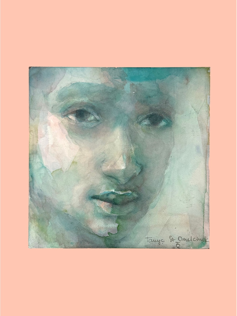 Contemporary Original Watercolor Teal Ethereal Portrait Painting 5x5 Modern Art
